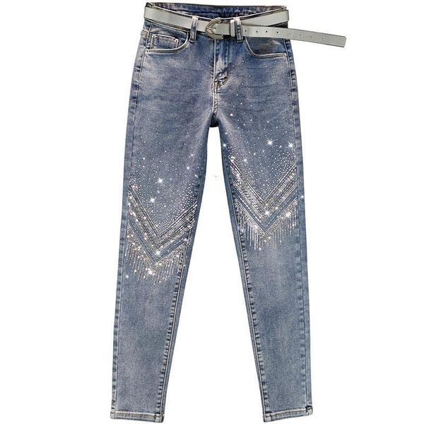

women's jeans european station heavy industry drill jeans tight of women summer thin-waisted cotton elastic nine leggings v7dy, Blue