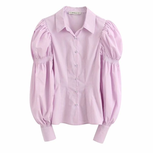 Stilvolle schicke helllila Rüschenärmel Popeline-Blusen Damenmode Umlegekragen Tops Elegante Damen-Knöpfe Shirts 210520