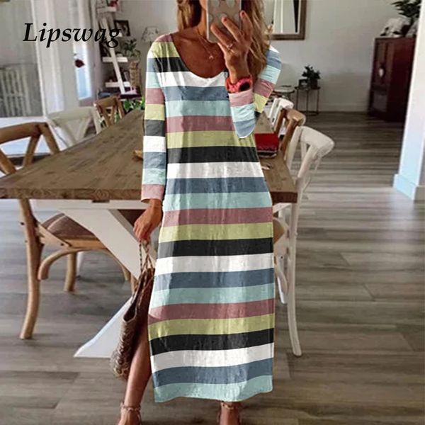

3xl autumn striped print slit long dress women 2021 casual o-neck loose party dress vintage lady long sleeve maxi dress vestidoshigh quality, Black;gray