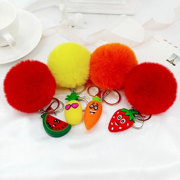 Креативный ключей цепь мультфильм милый арбуз ананасовый клубника фруктовые волосы шариковые кольца детский подарок сумка кулон