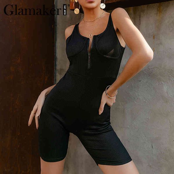 

glamaker knitted sleeveless women jumosuit romeper zipper casual bodycon short jumpsuit spring summer fitness playsuit 210414, Black;white