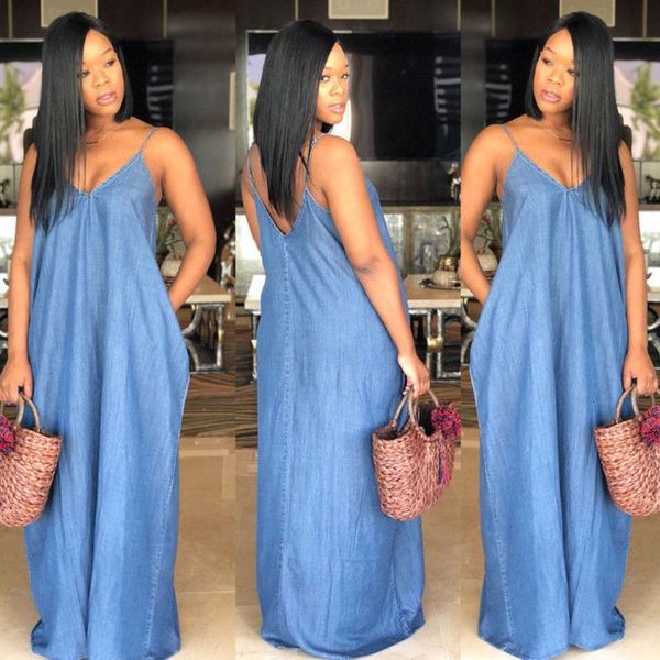 

womens casual denim sling sleeveless v-neck sundress ladies backless midi dress soild color summer, Black;gray