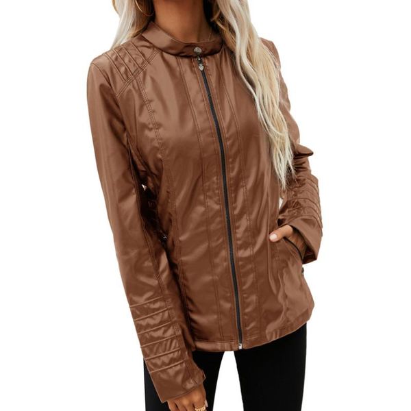 

women's jackets women autumn jacket, solid color stand-neck/hooded long sleeve zipper-front casual coat for girls, 3 colors, Black;brown