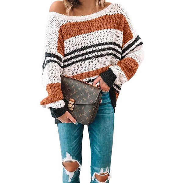 

women's sweaters 2021 autumn and winte brown loose fit striped pattern plus size sweater woman fall women clothing pull femme long slee, White;black