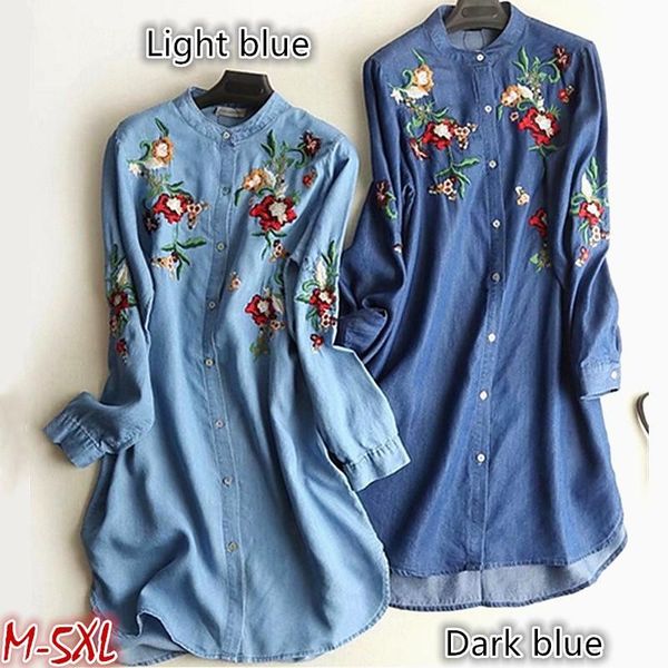 

casual dresses 2021 autumn denim blue mini shirt dress women embroidery floral long sleeve button elegant vestidos robe s-5xl, Black;gray