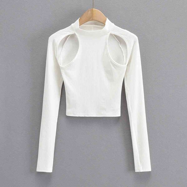 

women's solid t-shirt spring slim half-height collar strapless long 210421, White