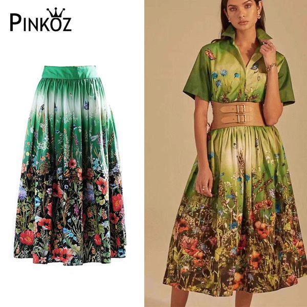 

runway designer green tropical floral animal printed women high waist midi skirt luxury flower femme vintage chic paris 210421, White