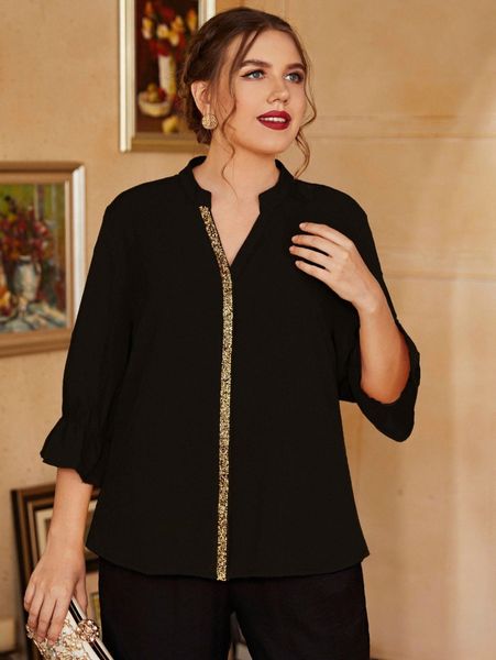 

plus contrast sequin flounce sleeve notch neck blouse z2oj#, Black