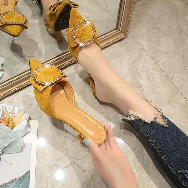 

women summer low heels mules slippers ladies pointed toe strange style crystal buckle outside shoes flock woman fashion footwear, Black