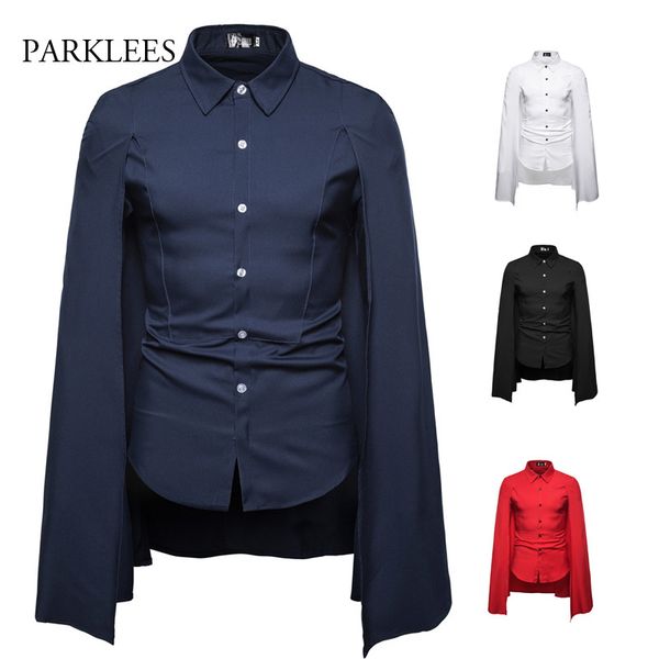 

black gothic shirt men long sleeve cloak splicing shirt for men high street casual solid shirts mens nightclub camisas 210524, White;black