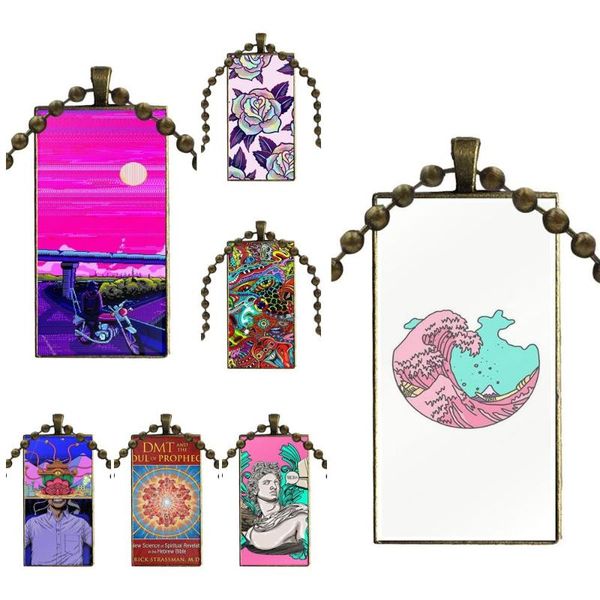 

trippy art aesthetic woman necklace fashion long chain with rectangle jewelry for women gifts boy pendant necklaces, Silver