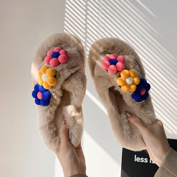 

winter house warm fur slippers for women flower designer bedroom plush shoes non-slip indoor furry, Black