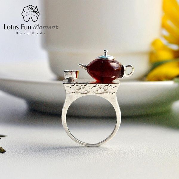 

cluster rings lotus fun moment real 925 sterling silver natural stone original handmade fashion jewelry vintage cuteteapot for womens, Golden;silver