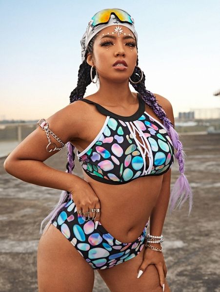 

plus dalmatian lace up halter bikini swimsuit n13k#, Black