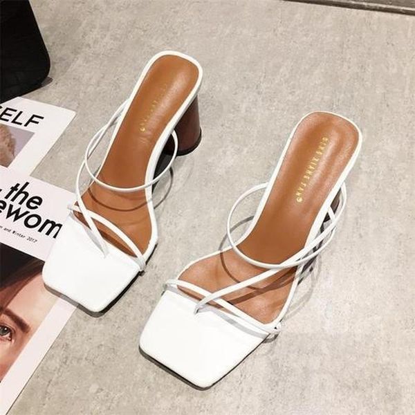 

fashion fine band heels sandals slippers women high flip flops square toe slides party shoes summer outdoor beach, Black