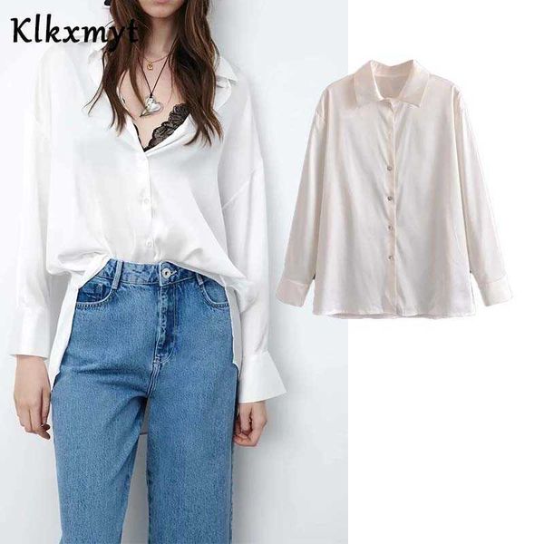 

klkxmyt za women fashion office wear button-up loose satin blouses vintage lapel long sleeve female shirts blusas chic 210527, White