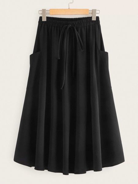 

dual pocket drawstring flared skirt 60gq#, Black