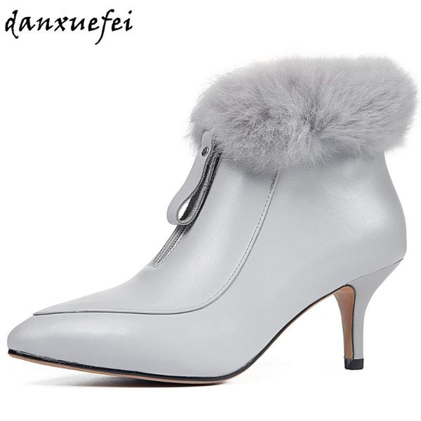 

boots women's genuine leather front zip thin high heel ankle elegant ladies winter short booties pointed toe party shoes, Black