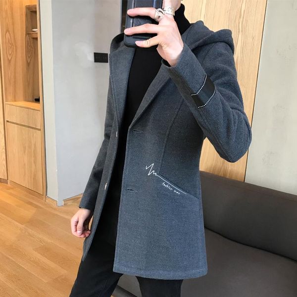 

men's trench coats fashion hooded coat dark gray navy blue slim design male business casual windbreaker size s  l xl xxl xxxl 4xl 5xl, Tan;black