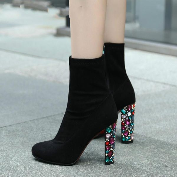 

boots winter real leather ankle women kid suede zip block heel short crystal extreme high shoes lady autumn, Black