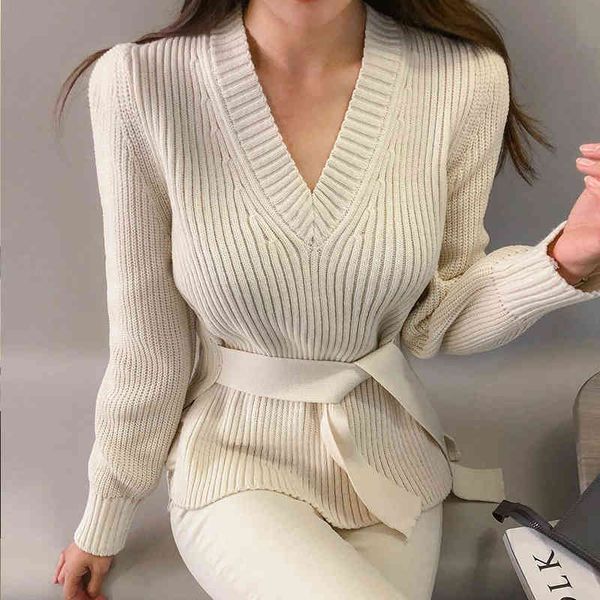 

women's sweaters elegant woman's sweater knitted with v-neck cleavage, fashion lace blouse long sleeve belt, slim, autumn, casual,, White;black