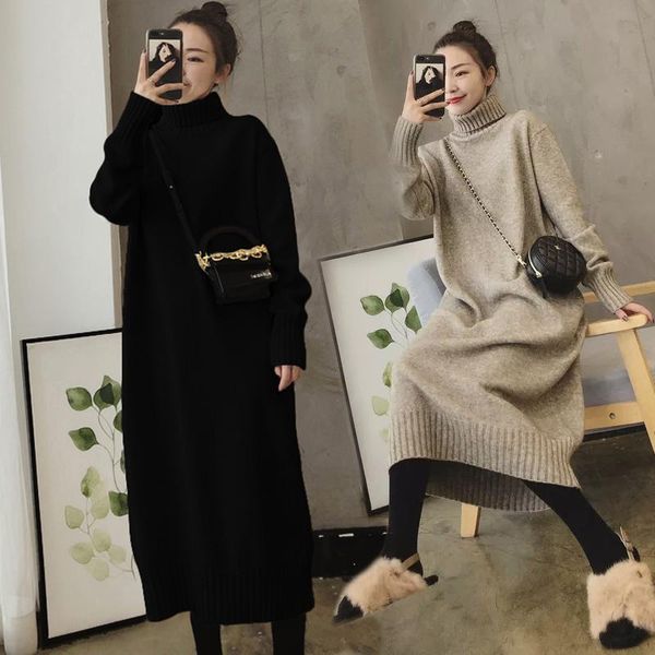 

casual dresses plus size turtleneck sweater dress women slim warm winter knit women's clothing europe long sleeve francais harajuku, Black;gray