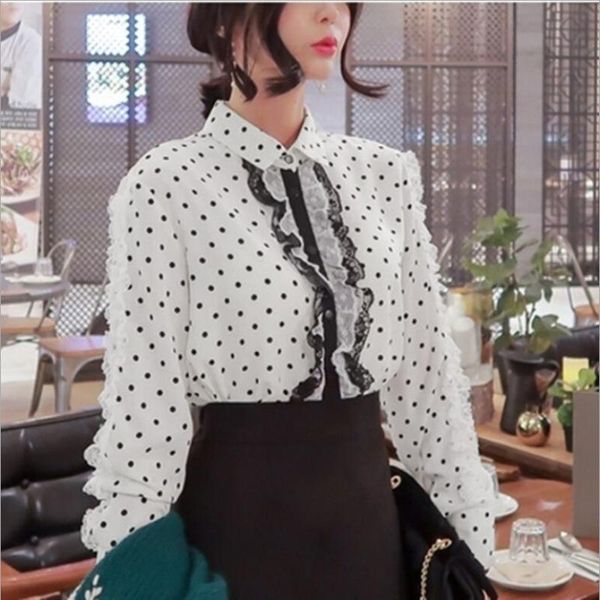 

women's blouses & shirts summer autumn lady chiffon shirt 2021 korean fashion women long sleeved polka dot pleated lace white blouse el
