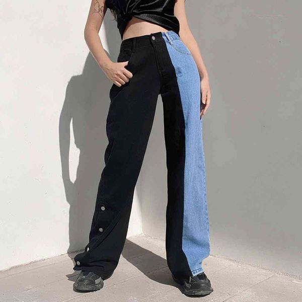 

high waist retail female jeans y2k straight korean hip hop denim black blue button asymmetry division wide leg load