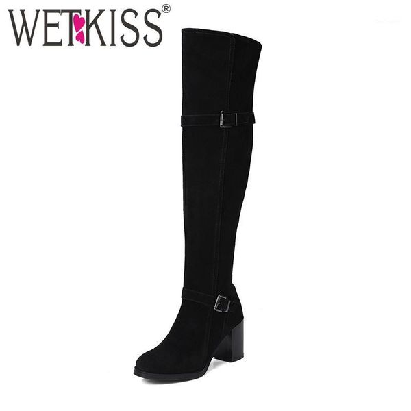 

boots wetkiss full leather over the knee women cow suede winter short plush buckle strap thick high heels long zip1, Black