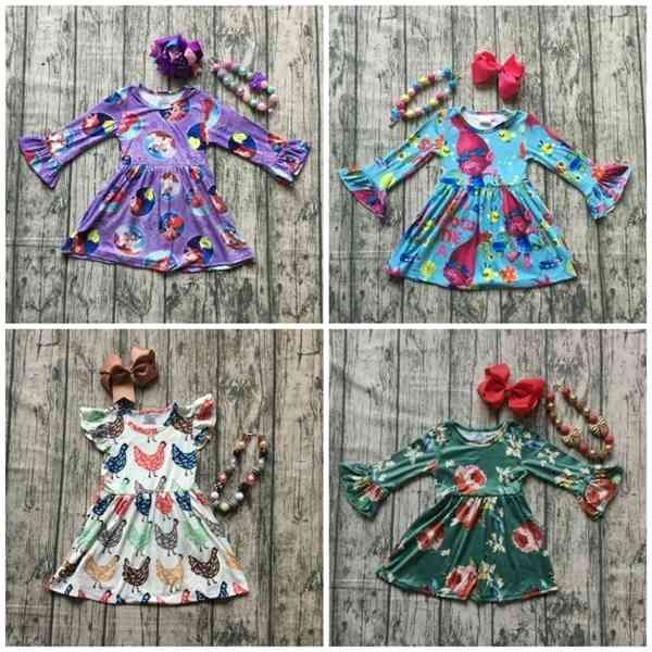 

clothing sets spring troll chick yard floral princes milk silk dress baby girls boutique children clothes long sleeve match bow & necklace 0, White