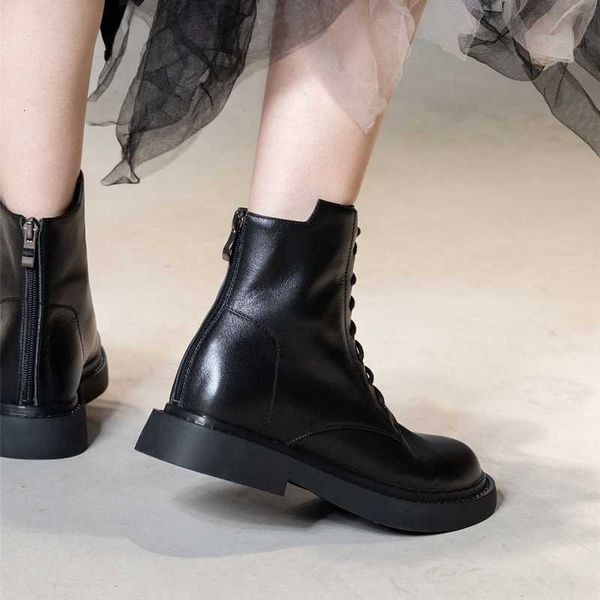 

boots eshtonshero female autumn genuine leather women low heel lace up back zipper round toe shoes size 3-9 vkvg, Black