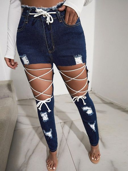 

sxy high waist ripped raw trim cut out lace up skinny jeans a6aw#, Blue