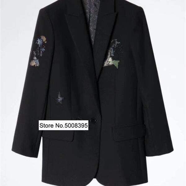 Cappotto da donna con fiori neri, stelle, decorazione con strass, blazer, bottone singolo, maniche lunghe, cappotto da abito SS 211122