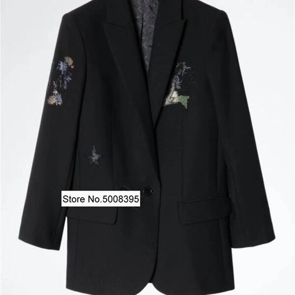 

woman black flowers star strass decoration blazer single button long sleeves fashion suit coat ss 211122, White;black