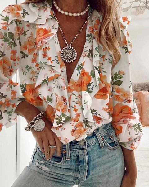 

women's blouses & shirts hirigin female shirt summer fall ruffes v neck long sleeve loose causal style blouse women solid/print buttons, White