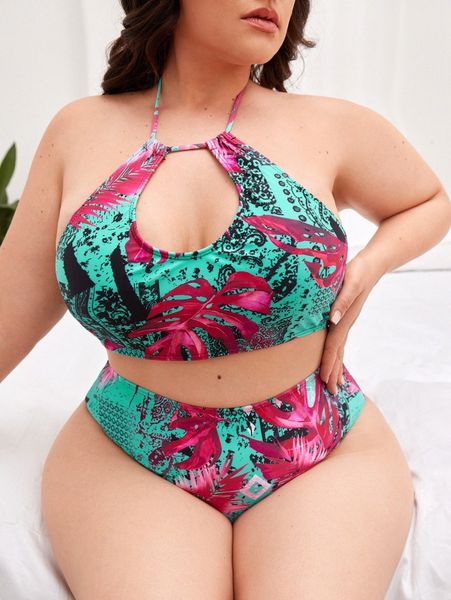 

plus tropical print cut-out halter high waisted bikini swimsuit z1vs#, Black