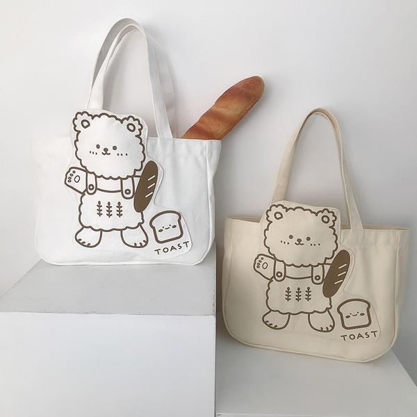 

evening bags women canvas shoulder bag cute bear print handbag cotton cloth big tote large capacity kawaii books shopping for ladies