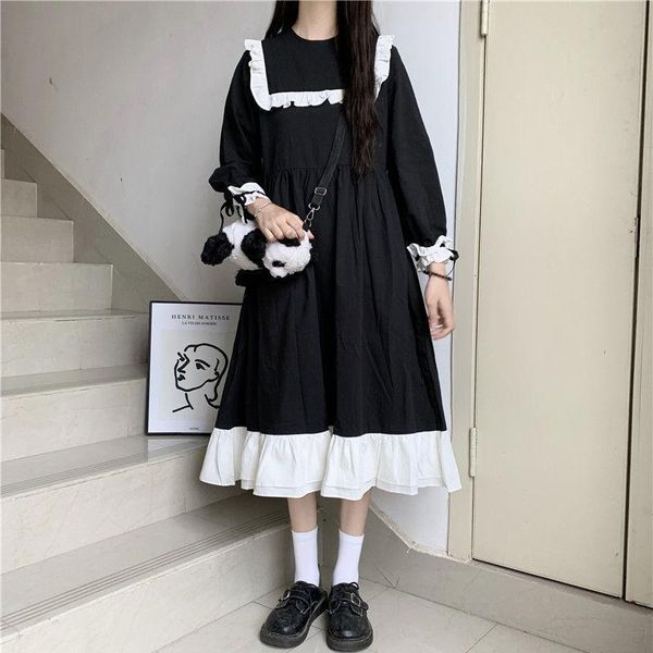 

casual dresses houzhou kawaii dress japanese preppy style black white patchwork ruffles long sleeve midi spring autumn streetwear, Black;gray