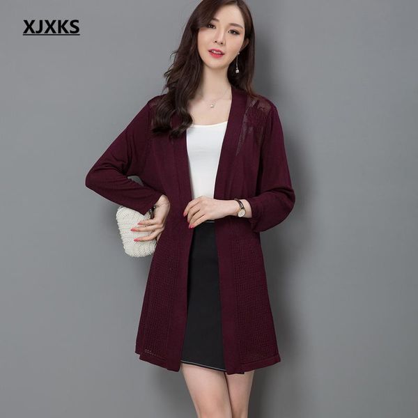 

women's knits & tees xjxks fashion v-neck women hollow sunscreen clothes 2021 spring autumn knitted thin sweater long jacket, White