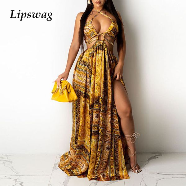 

new hollow out v neck party dress summer sleeveless lace-up backless loose split maxi dress women elegant sling beach dresshigh quality, Black;gray