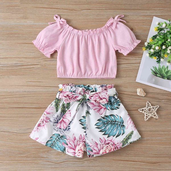 Sweet Girl Roupa Terno Primavera Verão Top Curto-Manga Top + Impresso Shorts 2 peças Fashion Children Set 2-6 Anos 210515