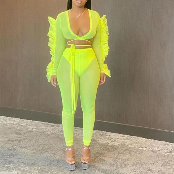 

women's tracksuits see through mesh neon green fashion women two piece set bandage v neck t-shirt and high waist long pant club 2pcs ou, Gray