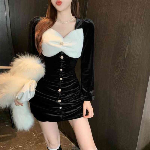 

korobov slim fit bodycon dress women bow design contract color long sleeve mini dresses gold velvet single breasted vestidos 210430, Black;gray