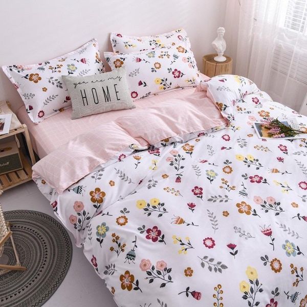 

[floral style] pink bedding sets flat bedsheet & quilt cover set with pillowcase king size soft breathable