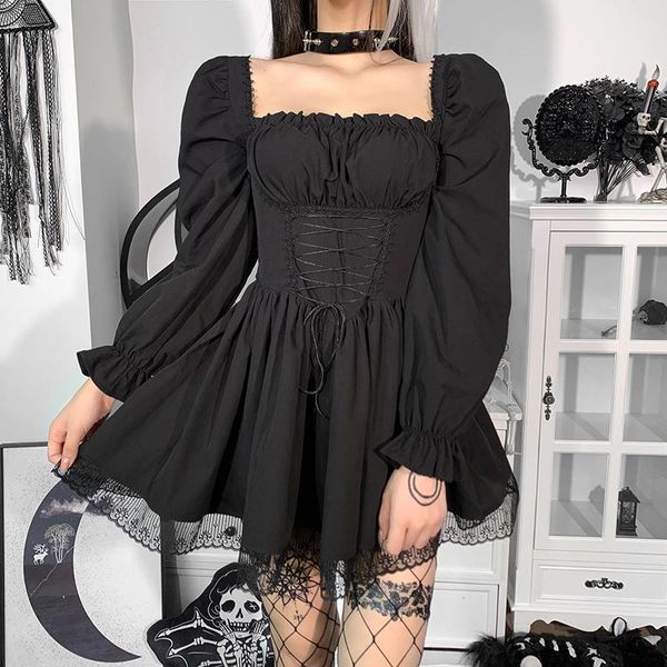 

casual dresses women ladies square collar mini dress solid color gothic stylish puff sleeve lace trim beam high waist tie up a-line, Black;gray