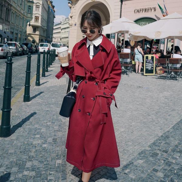 

women's trench coats red windbreaker for women plus size 2021 autumn double breasted female vintage chic long coat with belt casaco fem, Tan;black