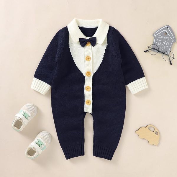 

jumpsuits baby boy autumn jumpsuit long sleeve knitted rompers buttons 0-18m christmas born bwarm playsuit gentleman costumes, Blue