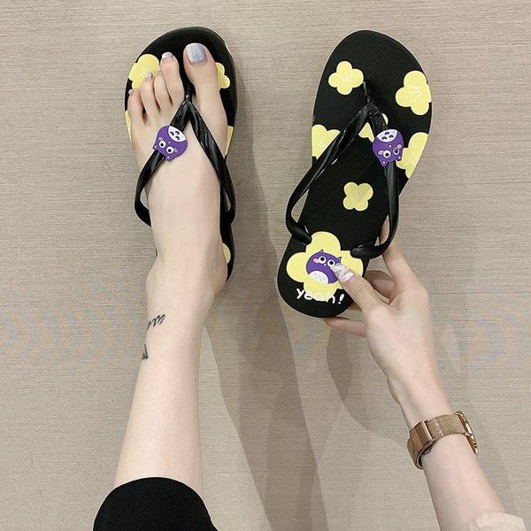 

summer women beach vacation slippers cute pineapple print flat heels fashion casual flip flops 2021 ladies shoes female outdoor, Black