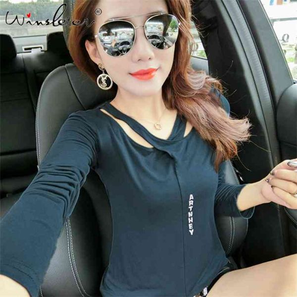 

spring t shirt women cross neck hollow out letters long sleeve basic t-shirt tee cotton slim ropa mujer t02417b 210421, Black;gray