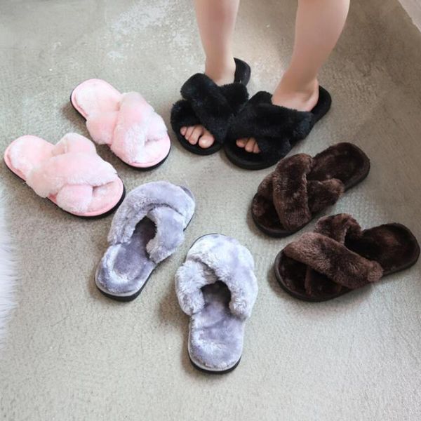 

autumn winter girls slippers indoor shoes cross straps warm fur size 26-35 slipper, Black;grey